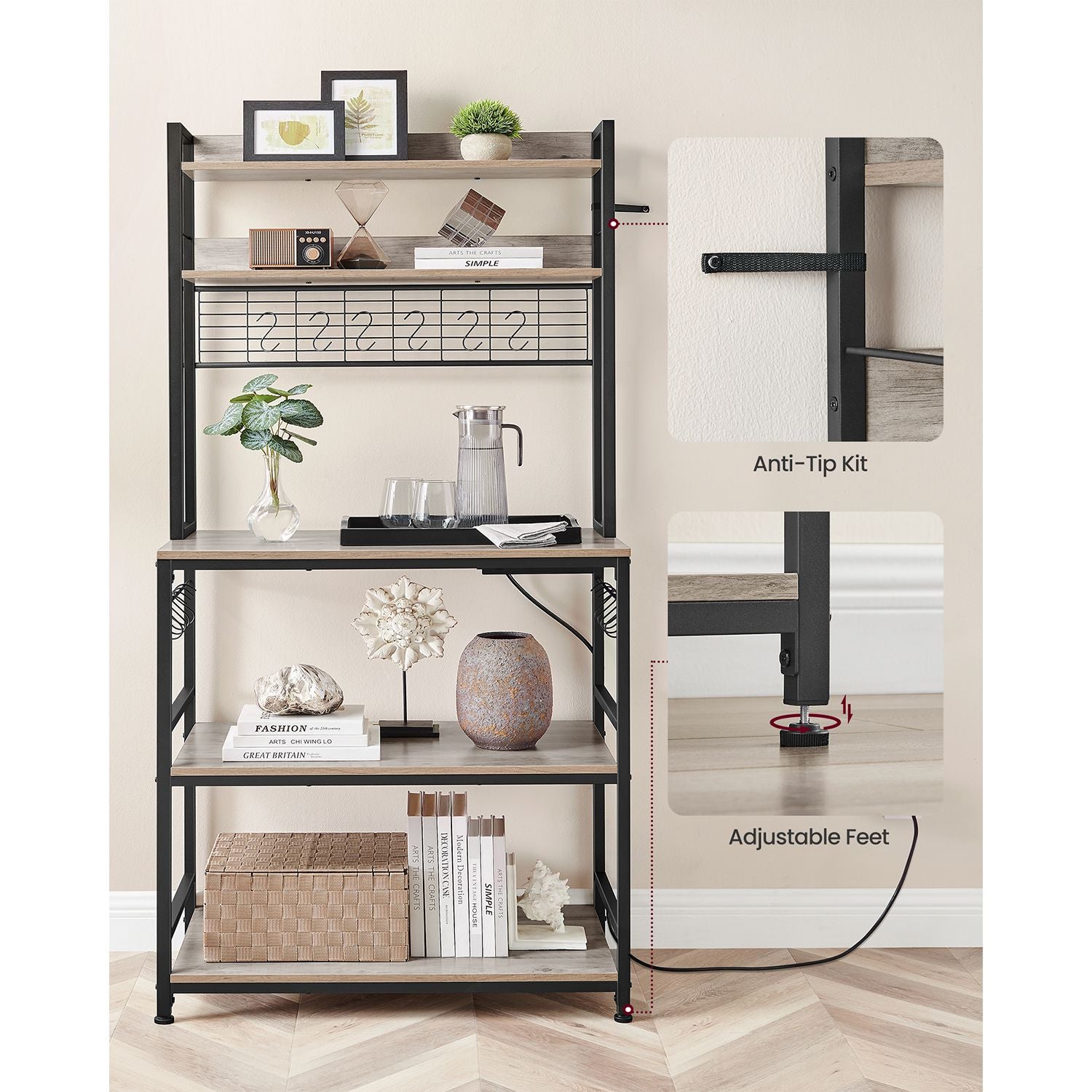 Baker's rack, power outlet, 5-tier kitchen stand, hooks, adjustable shelf