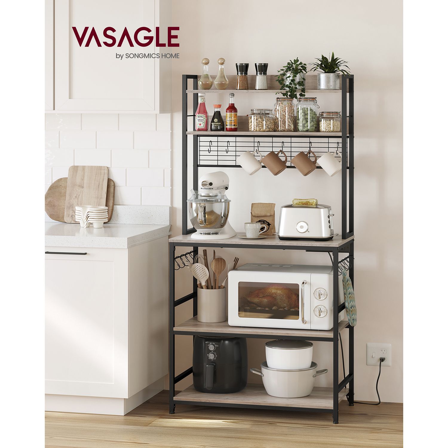 Baker's rack, power outlet, 5-tier kitchen stand, hooks, adjustable shelf