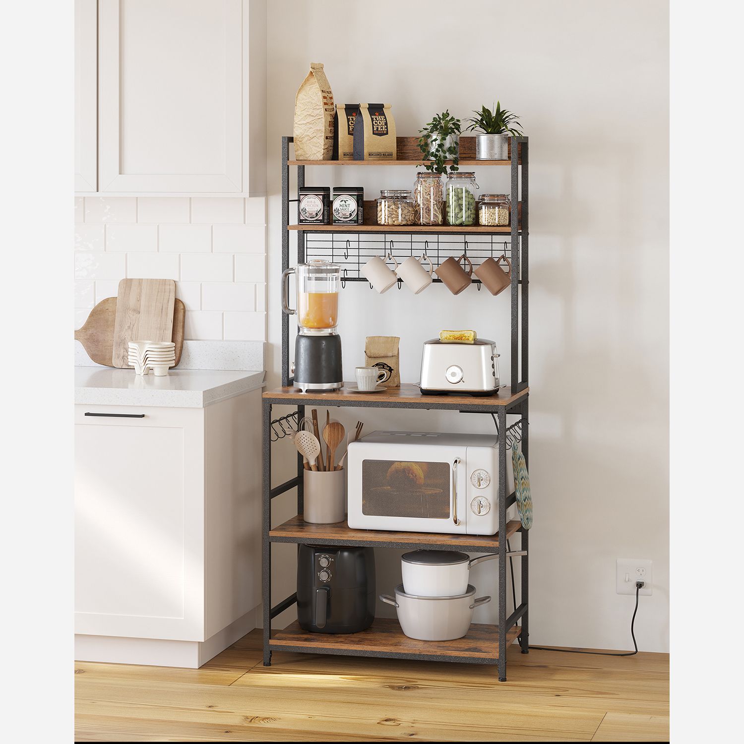 Baker's rack, power outlet, 5-tier kitchen stand, hooks, adjustable shelf