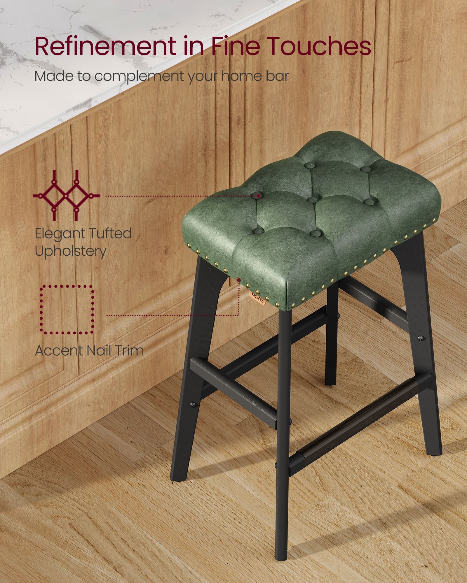 Bar Stools with Backless Design – Tufted PU Leather – Set of 2 – 26" Seat Height