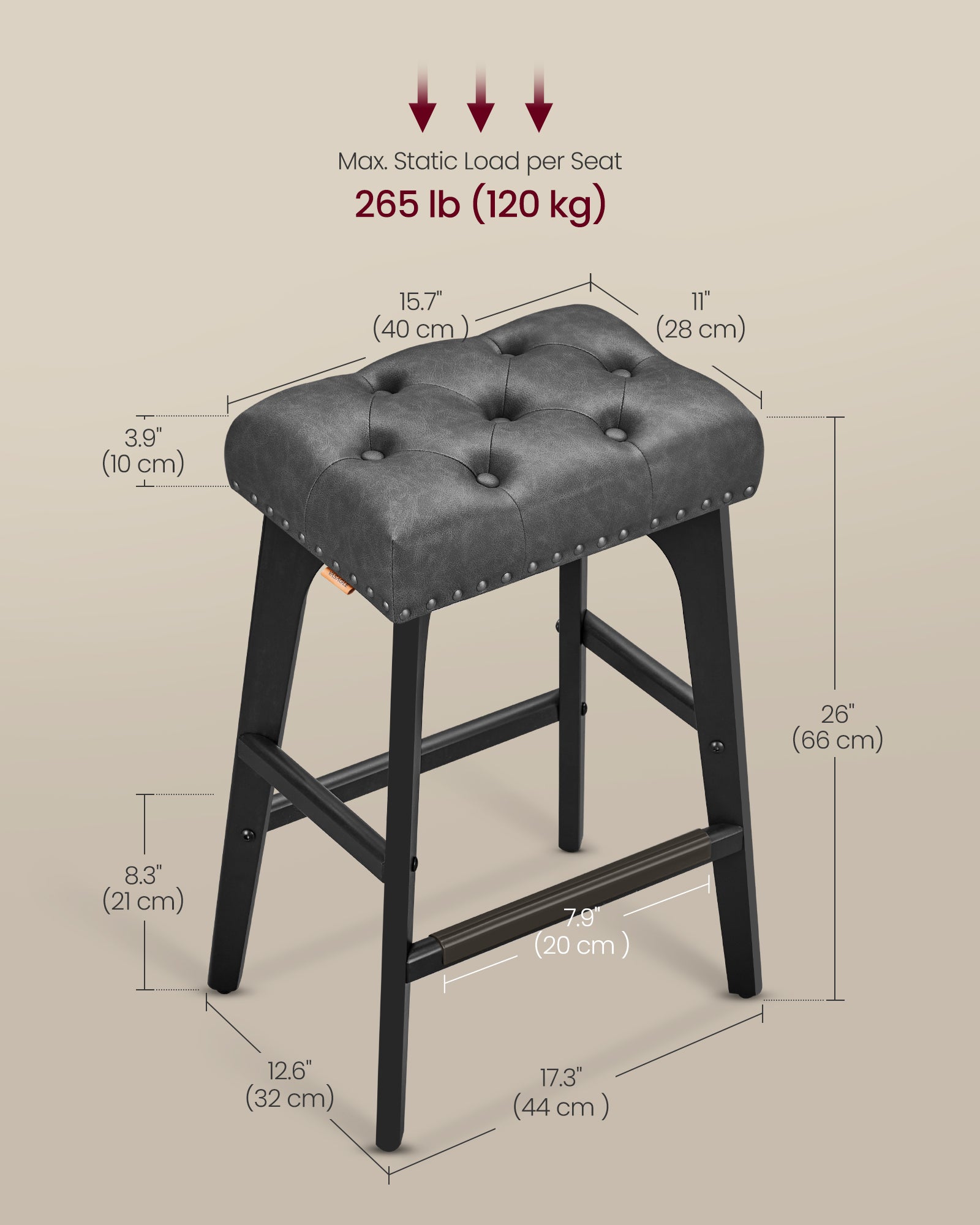 Bar Stools with Backless Design – Tufted PU Leather – Set of 2 – 26" Seat Height