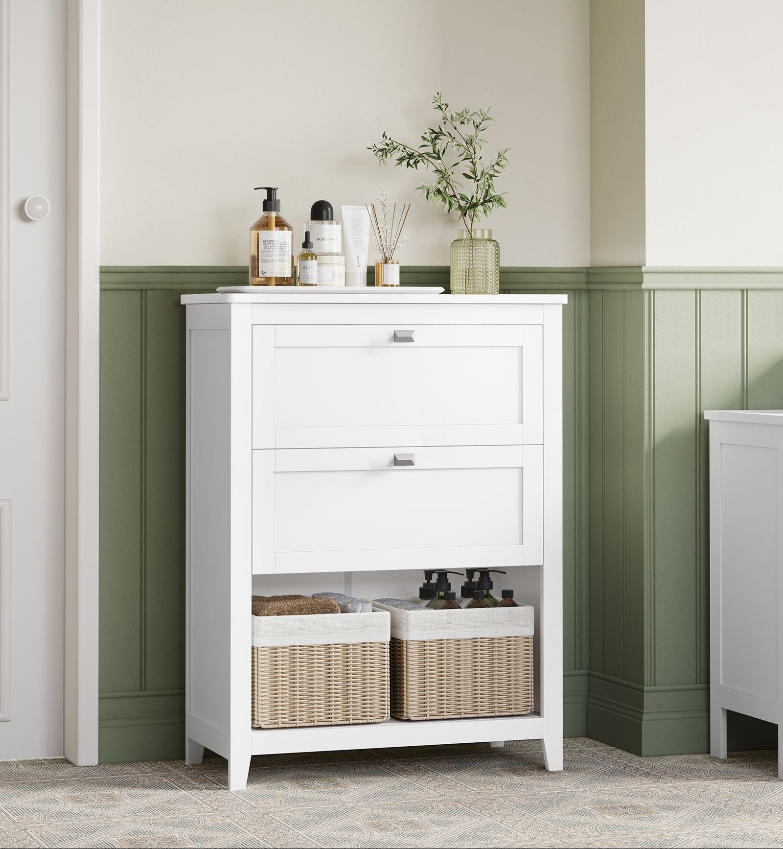 Bathroom Storage Cabinet – 2 Drawers – Rattan Baskets – Adjustable Divider – White