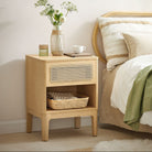 Boho rattan nightstand - bedside table with drawer & shelf - natural finish, 23.6" tall