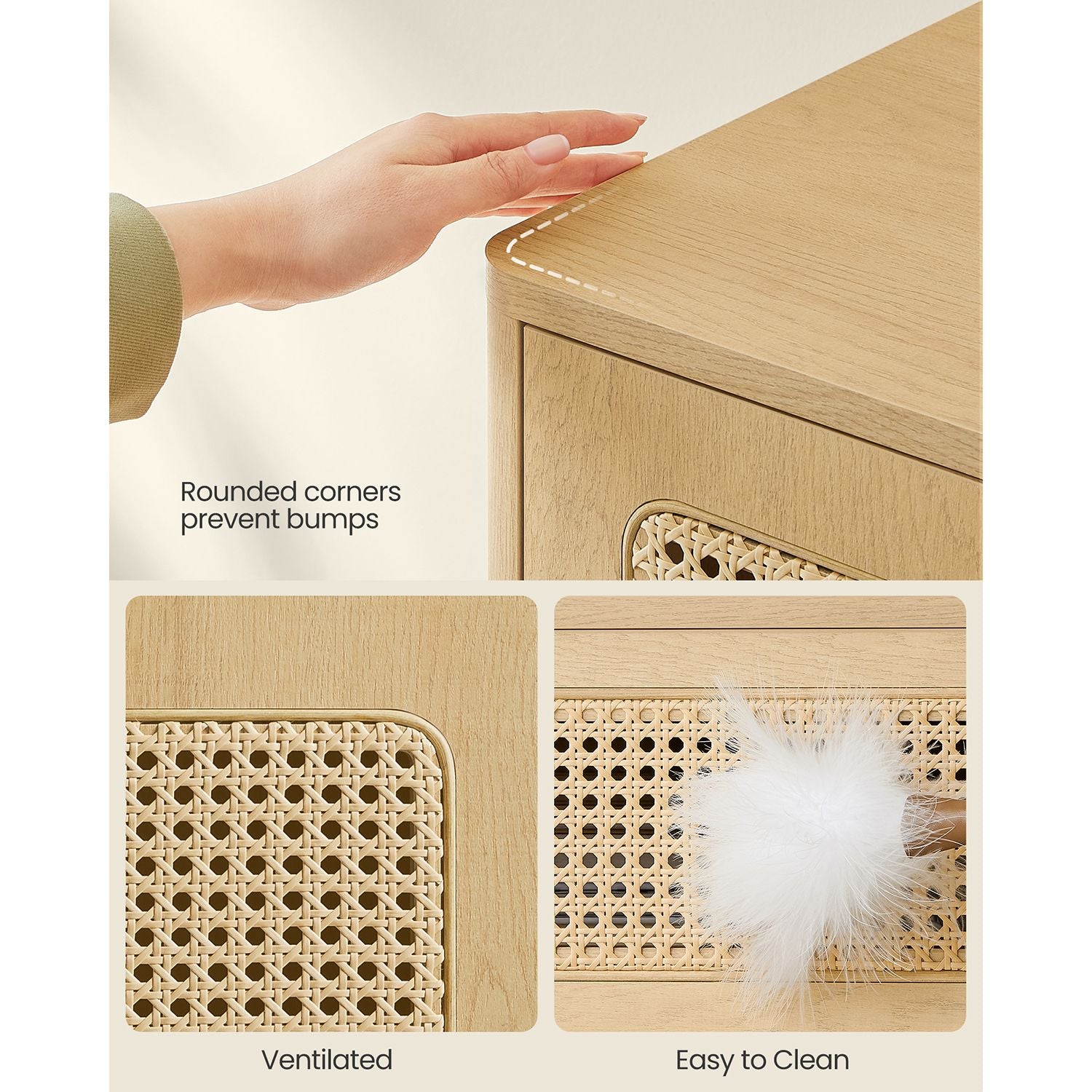 Boho rattan nightstand - bedside table with drawer & shelf - natural finish, 23.6" tall