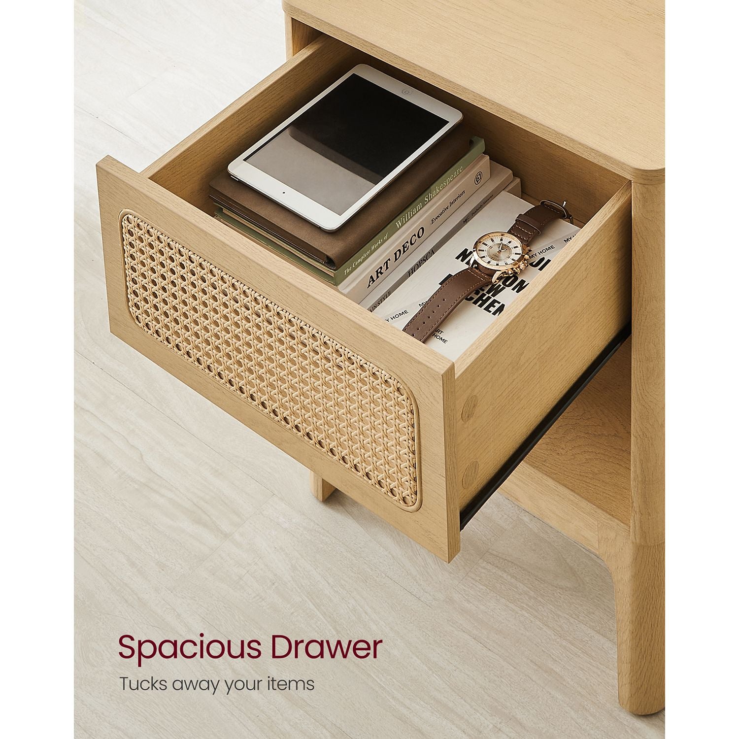 Boho rattan nightstand - bedside table with drawer & shelf - natural finish, 23.6" tall