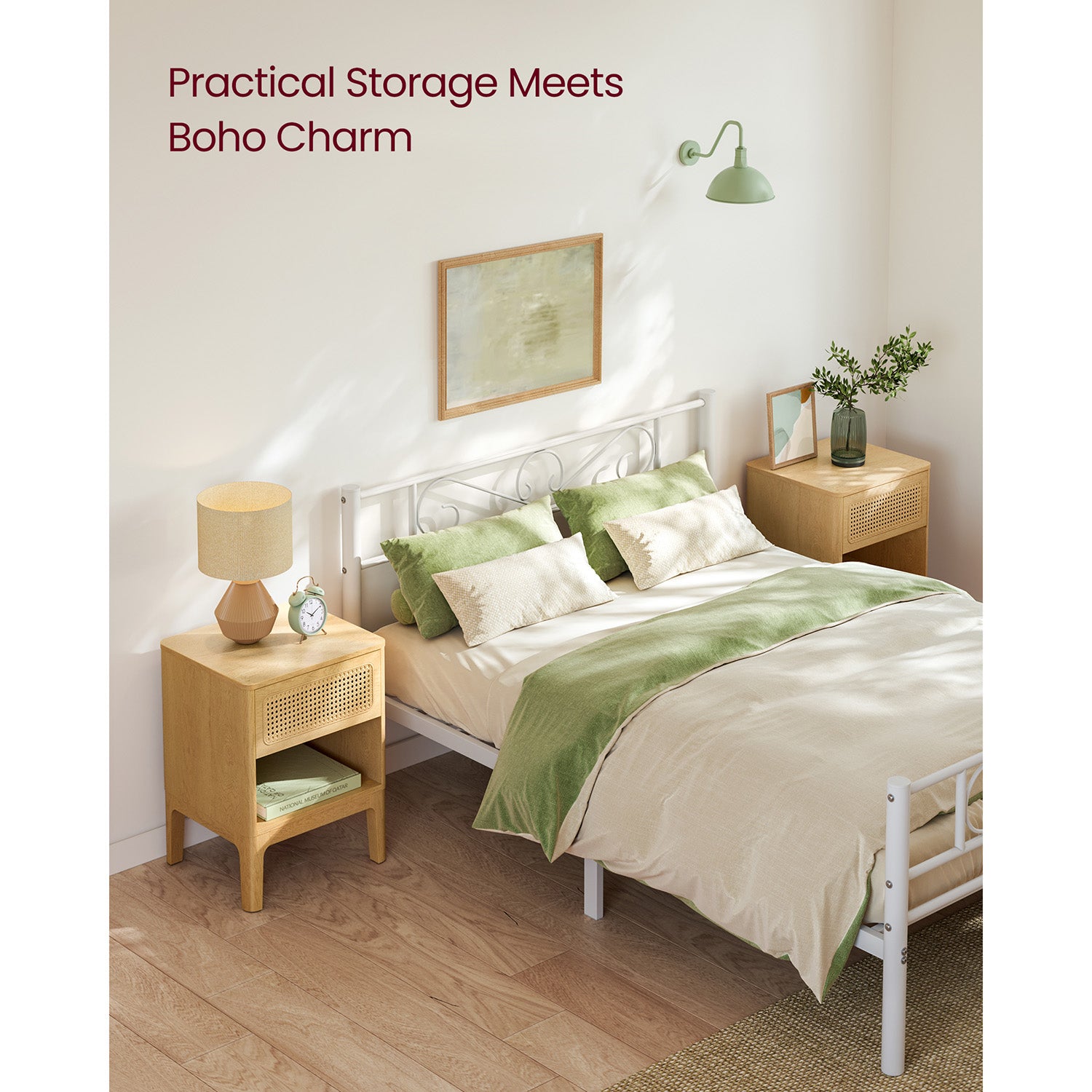 Boho rattan nightstand - bedside table with drawer & shelf - natural finish, 23.6" tall