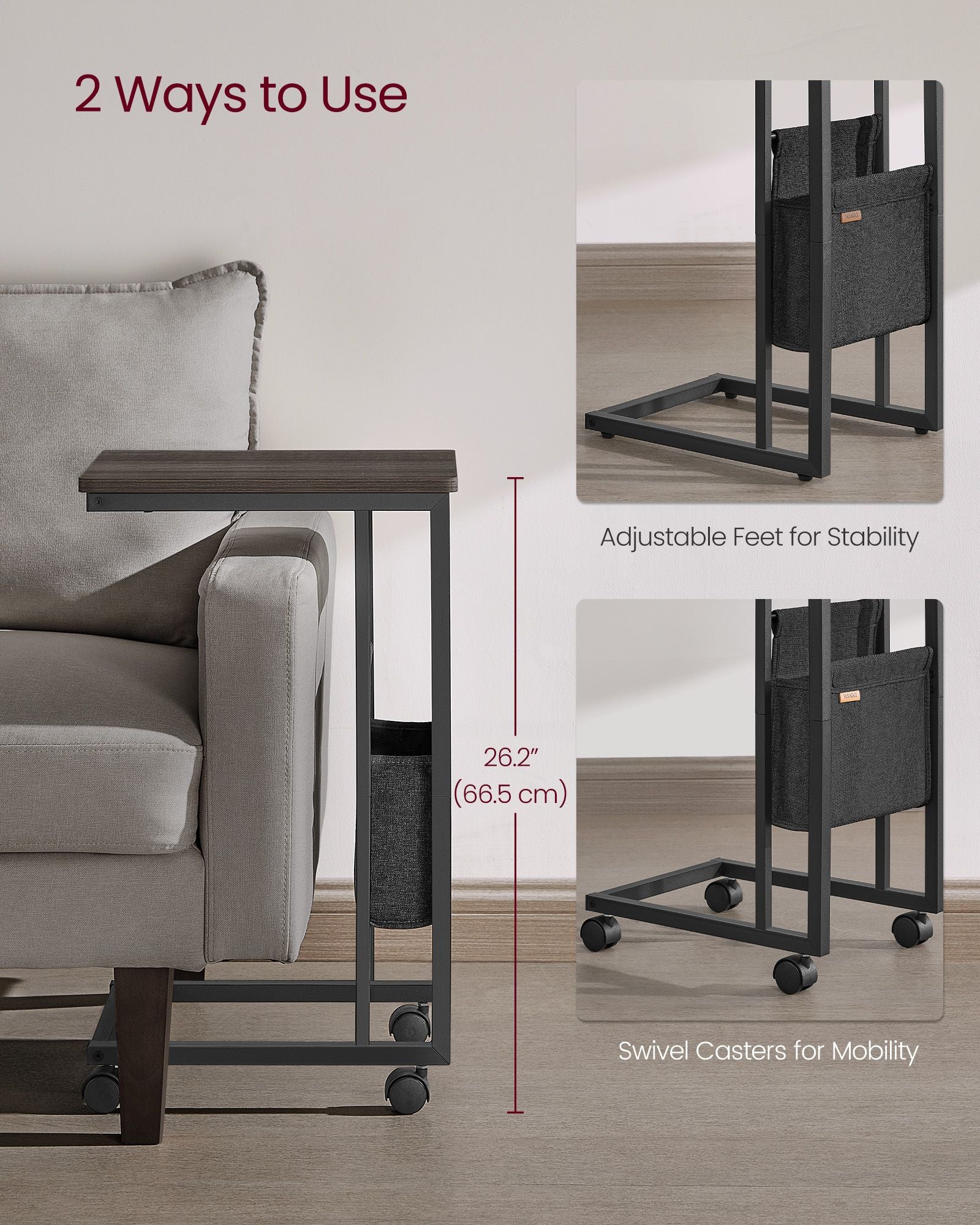 C-Shaped Side Table, 24.4" H, Wheels/Charging Station/Storage Bag, Small Space