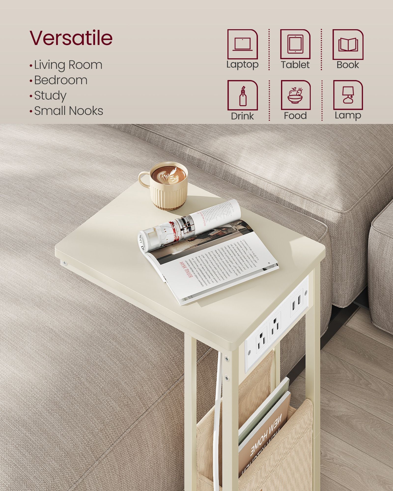 C-Shaped Side Table, 24.4" H, Wheels/Charging Station/Storage Bag, Small Space