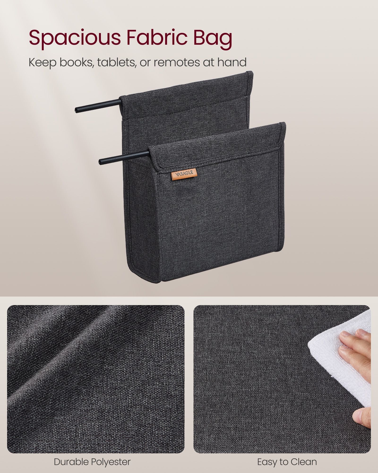 C-Shaped Side Table, 24.4" H, Wheels/Charging Station/Storage Bag, Small Space