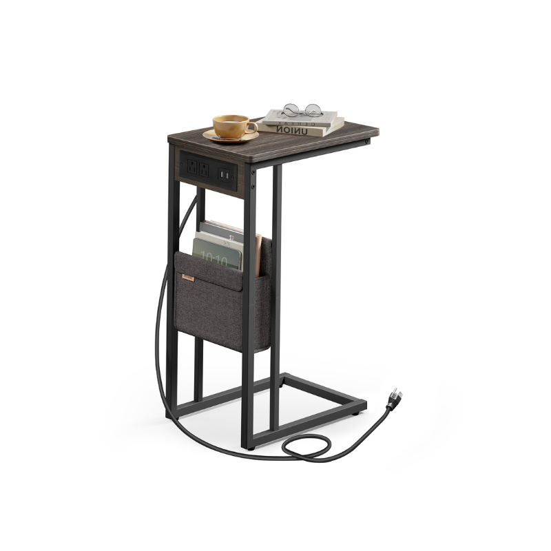 C-Shaped Side Table, 24.4" H, Wheels/Charging Station/Storage Bag, Small Space