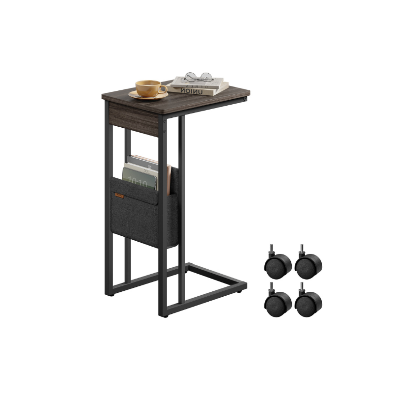 C-Shaped Side Table, 24.4" H, Wheels/Charging Station/Storage Bag, Small Space