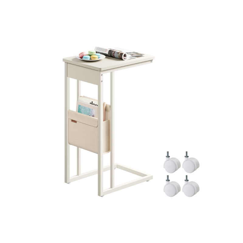 C-Shaped Side Table, 24.4" H, Wheels/Charging Station/Storage Bag, Small Space