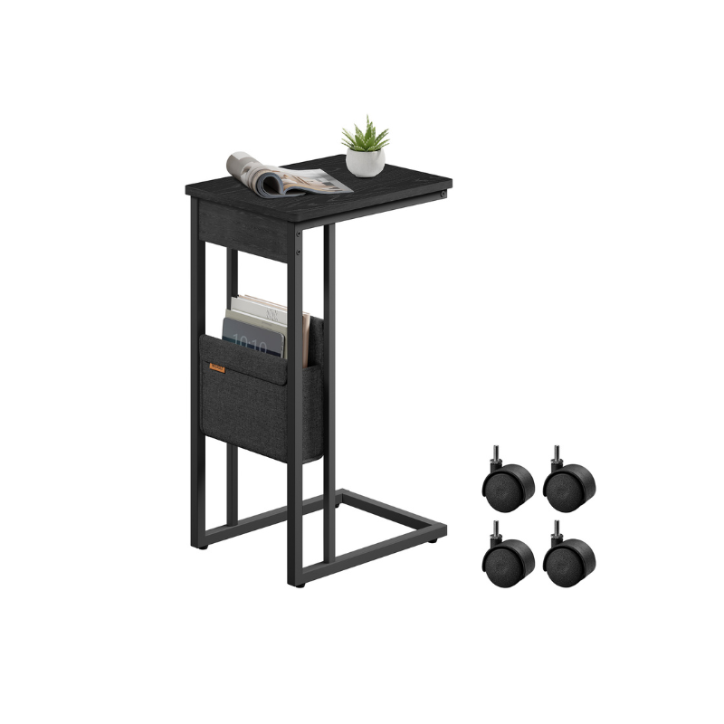 C-Shaped Side Table, 24.4" H, Wheels/Charging Station/Storage Bag, Small Space