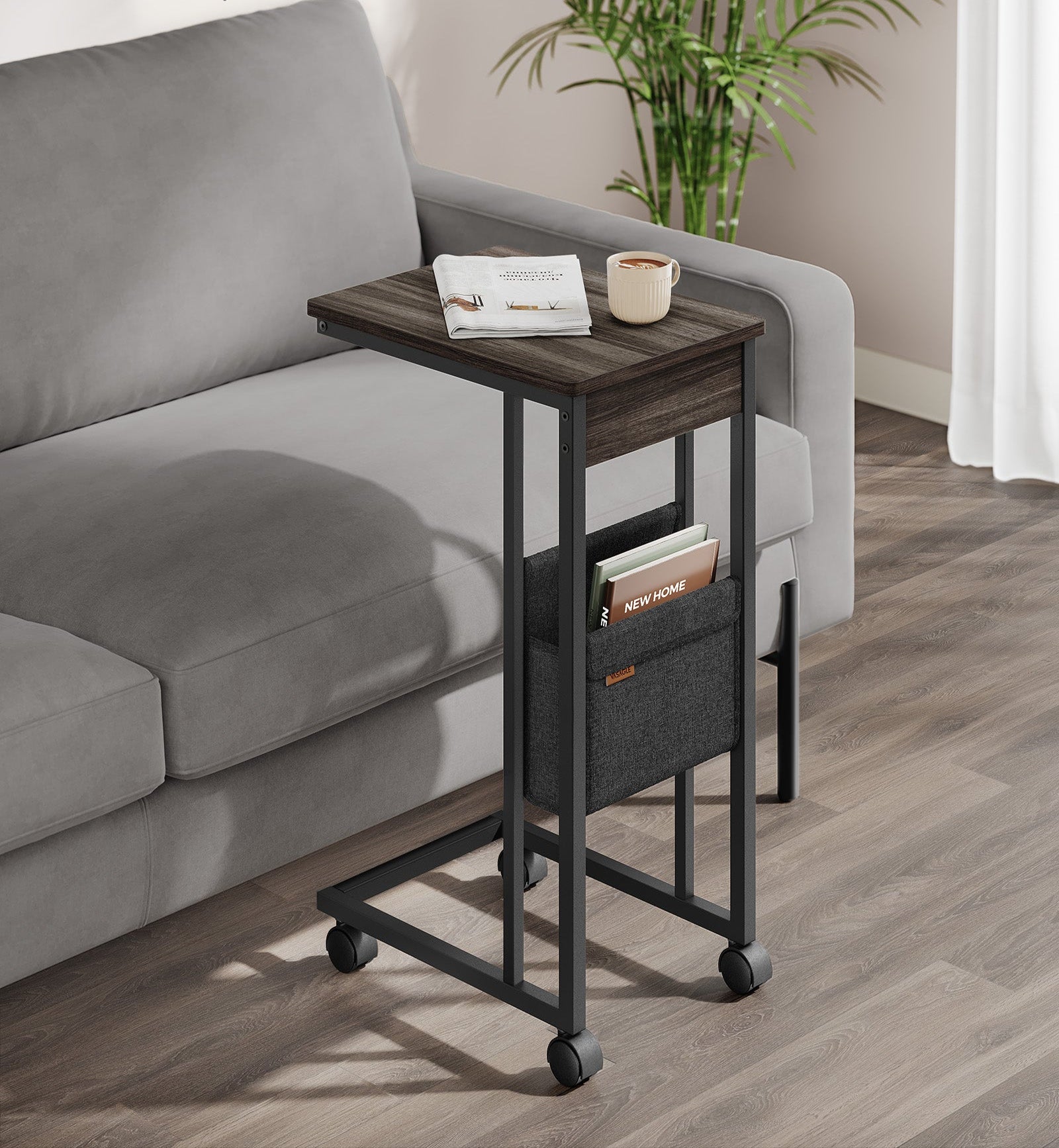 C-Shaped Side Table, 24.4" H, Wheels/Charging Station/Storage Bag, Small Space