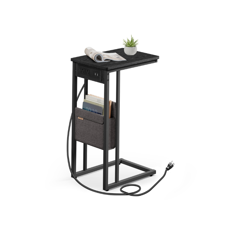 C-Shaped Side Table, 24.4" H, Wheels/Charging Station/Storage Bag, Small Space