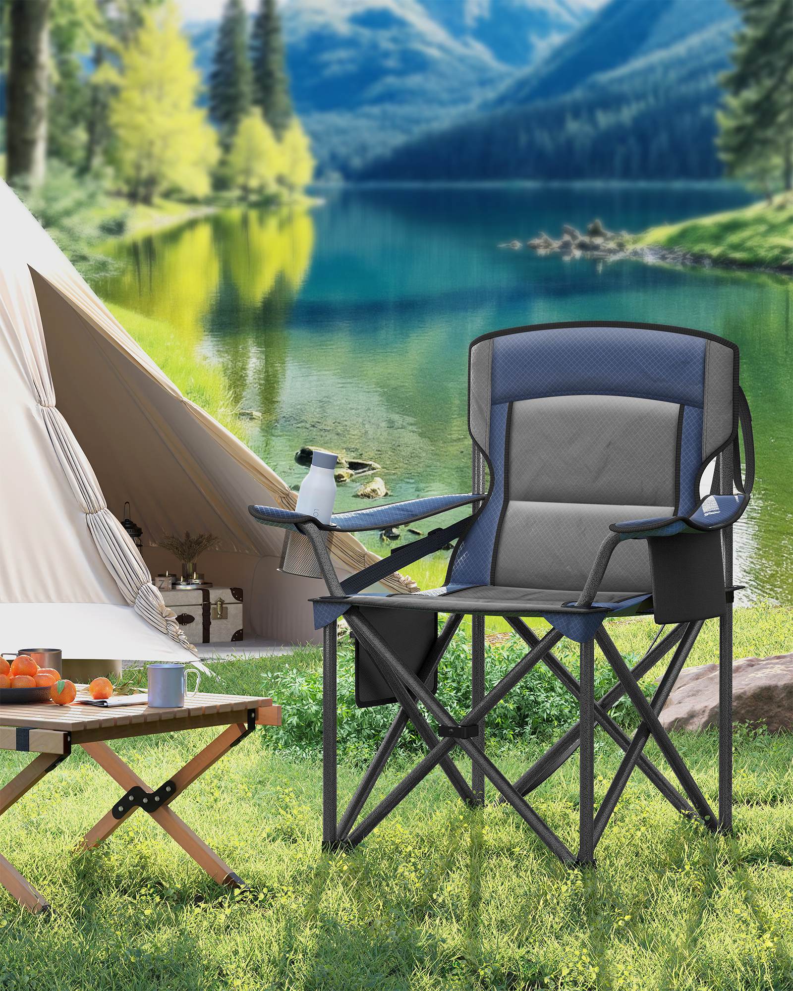 Camping Chair with Cushion, 450 lb, Foldable, Cooler Bag, Cup Holders, Organizer