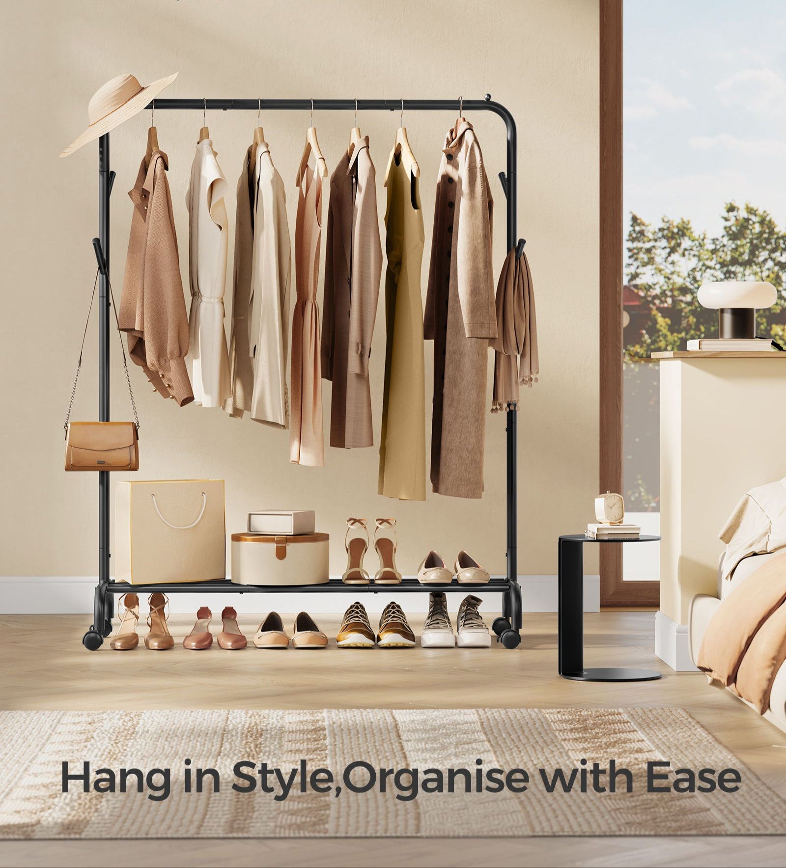 Clothes Rack with Wheels – Double Hanging Rails – Hooks and Shelf – Black Steel