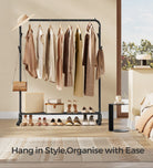 Clothes Rack with Wheels – Double Hanging Rails – Hooks and Shelf – Black Steel