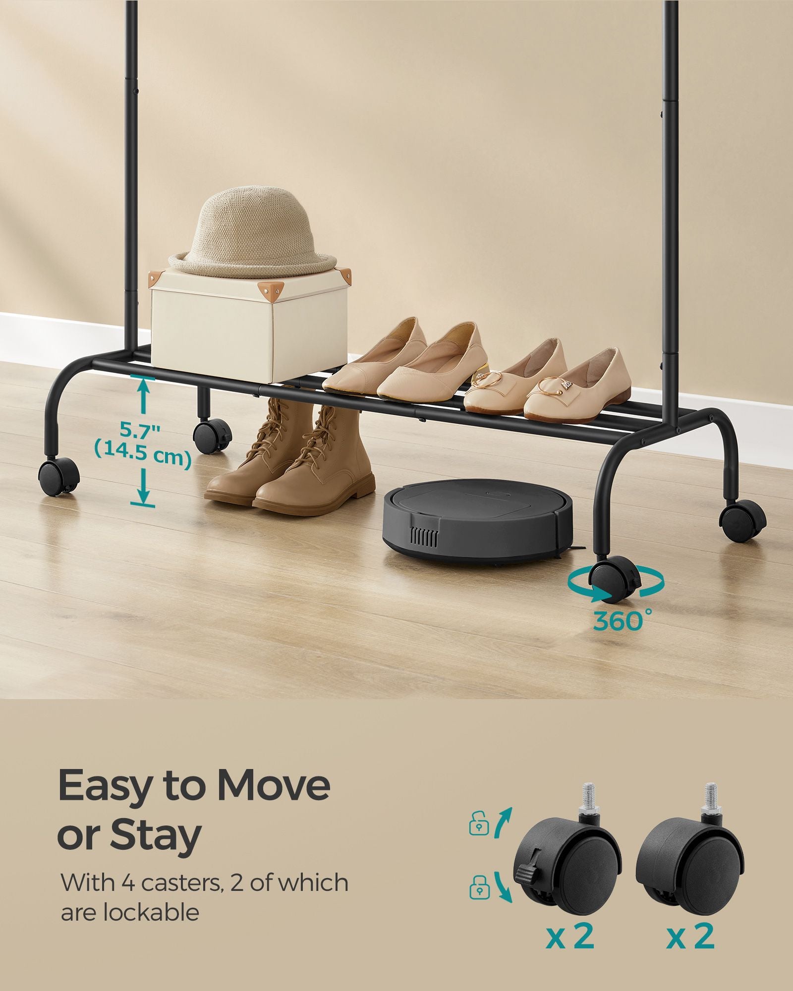 Clothes Rack with Wheels – Double Hanging Rails – Hooks and Shelf – Black Steel