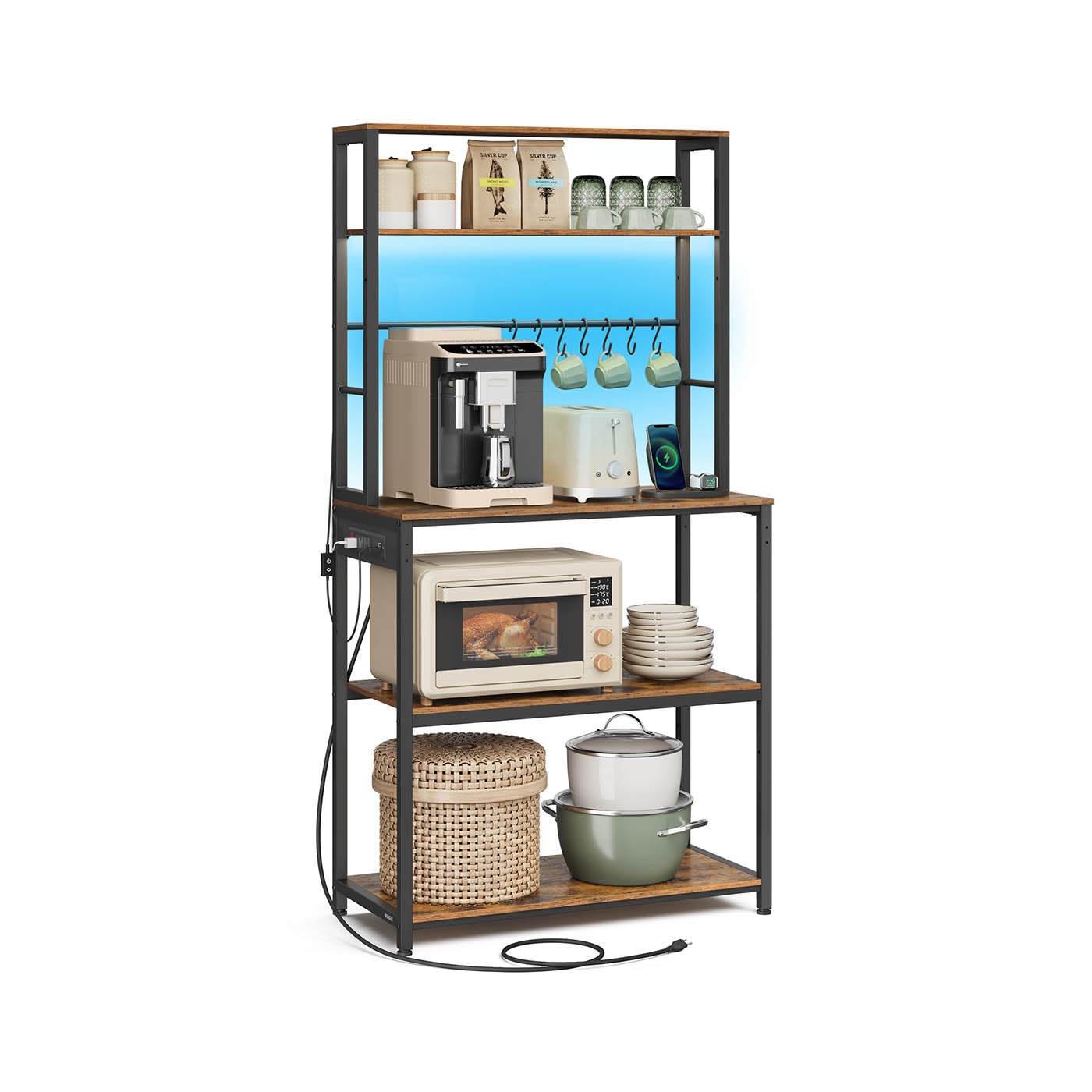 Coffee Bar Station, RGB LED, 5-Tier Kitchen Rack, Power Strip with USB, Adjustable