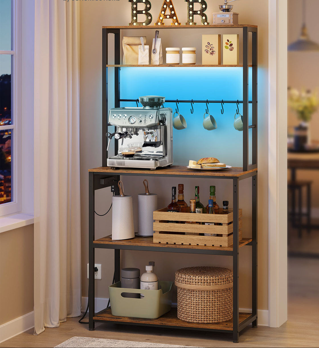 Coffee Bar Station, RGB LED, 5-Tier Kitchen Rack, Power Strip with USB, Adjustable