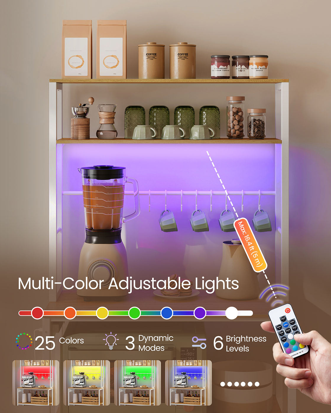 Coffee Bar Station, RGB LED, 5-Tier Kitchen Rack, Power Strip with USB, Adjustable