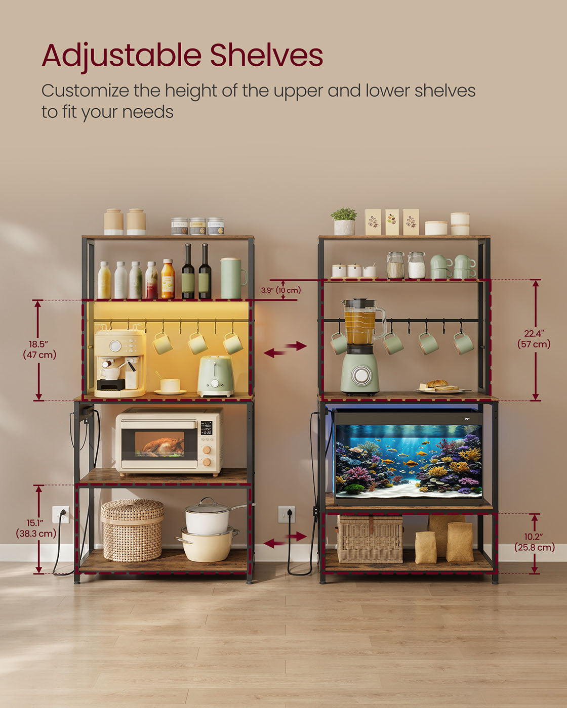 Coffee Bar Station, RGB LED, 5-Tier Kitchen Rack, Power Strip with USB, Adjustable