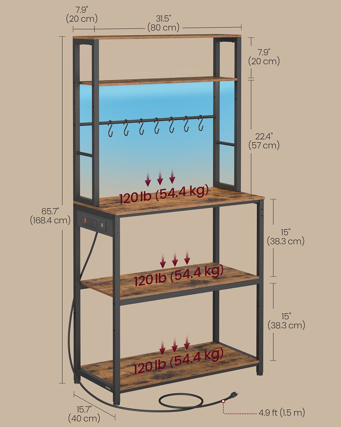 Coffee Bar Station, RGB LED, 5-Tier Kitchen Rack, Power Strip with USB, Adjustable