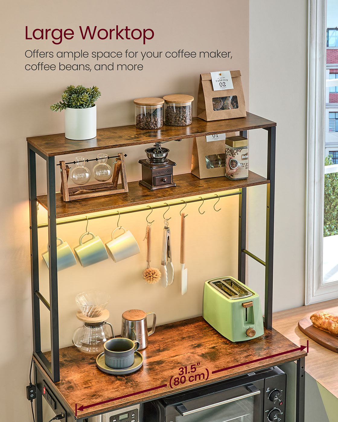 Coffee Bar Station, RGB LED, 5-Tier Kitchen Rack, Power Strip with USB, Adjustable