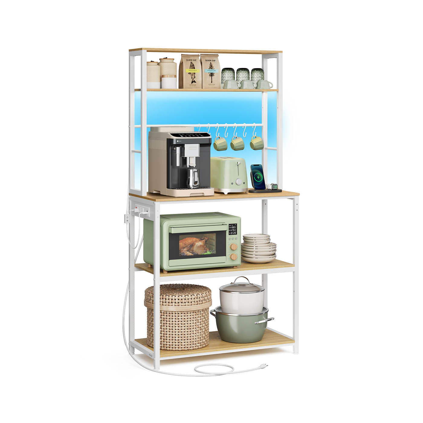 Coffee Bar Station, RGB LED, 5-Tier Kitchen Rack, Power Strip with USB, Adjustable