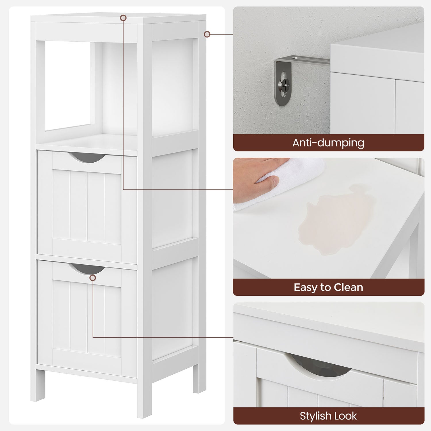Corner bathroom cabinet - freestanding storage unit - 2 drawers + open shelf - 35" tall