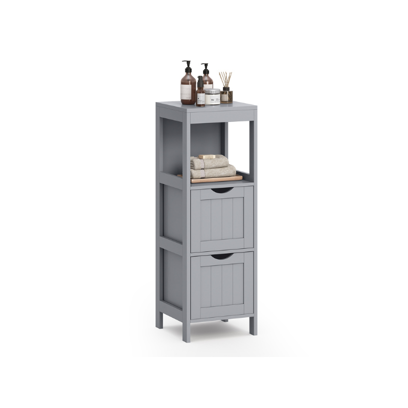 Corner bathroom cabinet - freestanding storage unit - 2 drawers + open shelf - 35" tall