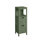 Corner bathroom cabinet - freestanding storage unit - 2 drawers + open shelf - 35" tall
