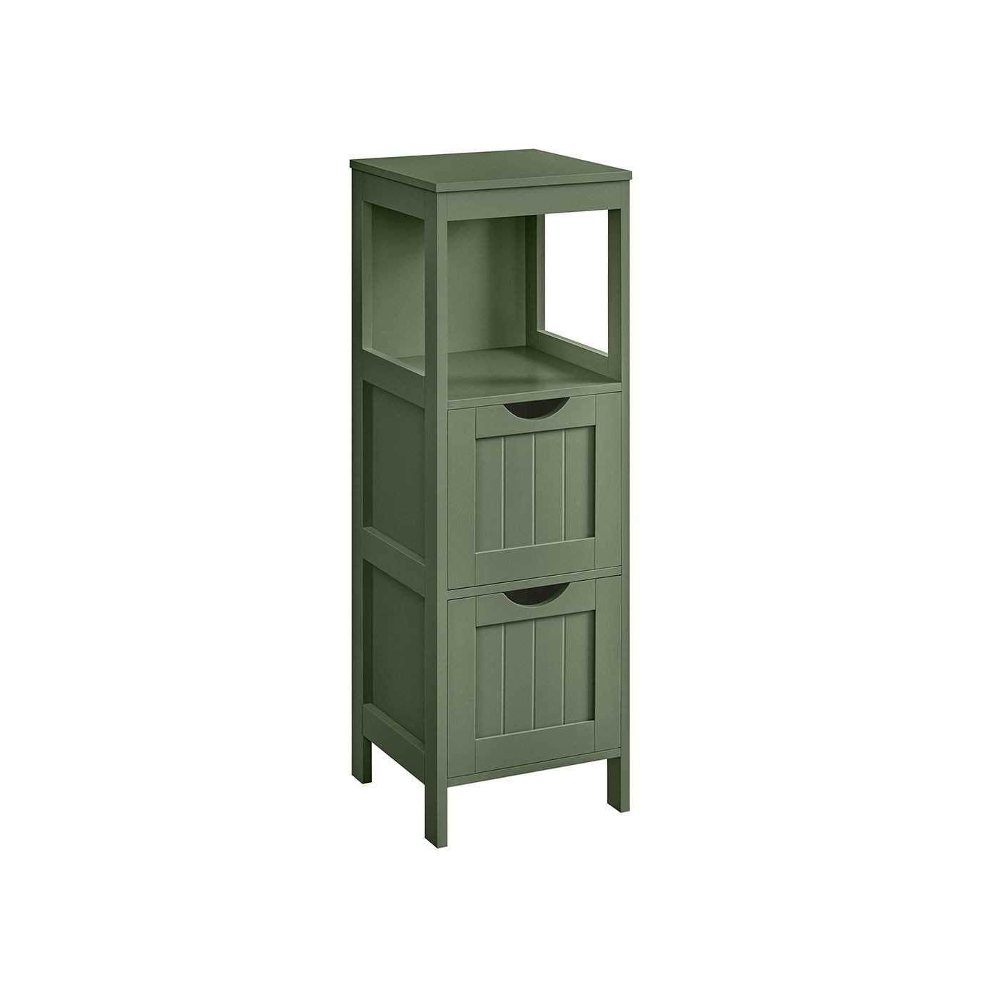 Corner bathroom cabinet - freestanding storage unit - 2 drawers + open shelf - 35" tall