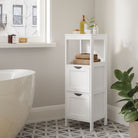 Corner bathroom cabinet - freestanding storage unit - 2 drawers + open shelf - 35" tall
