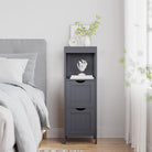 Corner bathroom cabinet - freestanding storage unit - 2 drawers + open shelf - 35" tall