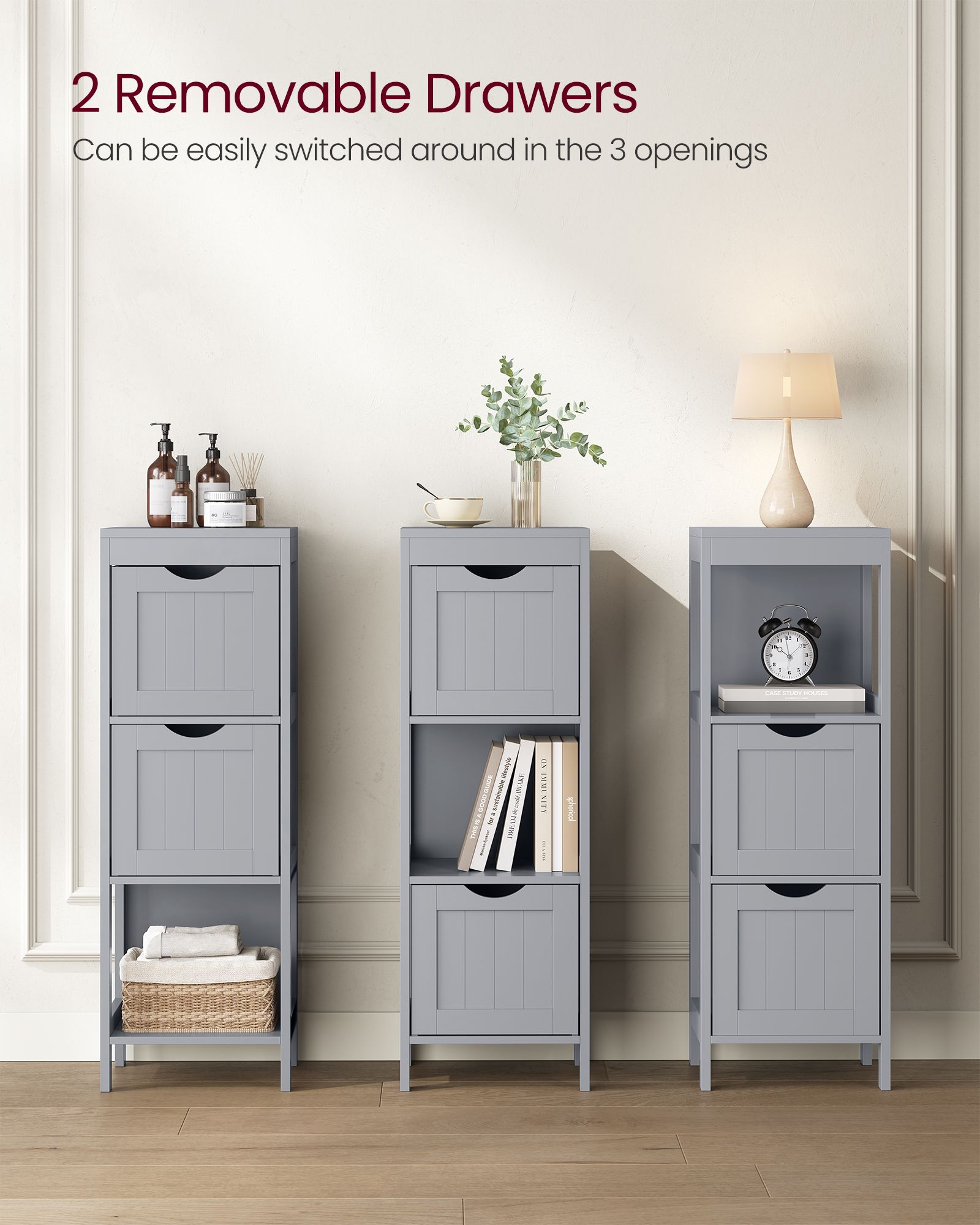 Corner bathroom cabinet - freestanding storage unit - 2 drawers + open shelf - 35" tall