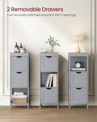 Corner bathroom cabinet - freestanding storage unit - 2 drawers + open shelf - 35" tall