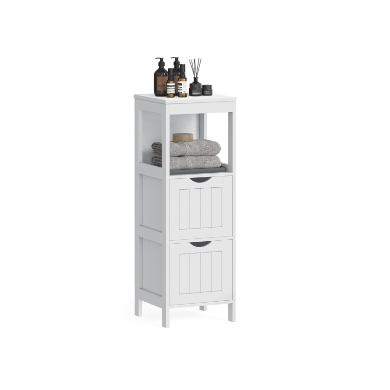 Corner bathroom cabinet - freestanding storage unit - 2 drawers + open shelf - 35" tall