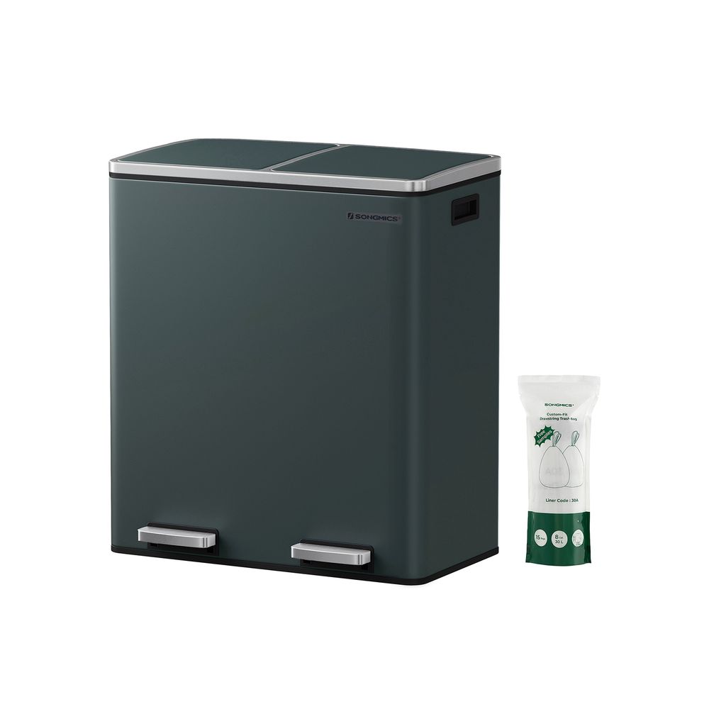 Dual trash can with pedal – 16 gal total – soft-close lid – removable buckets