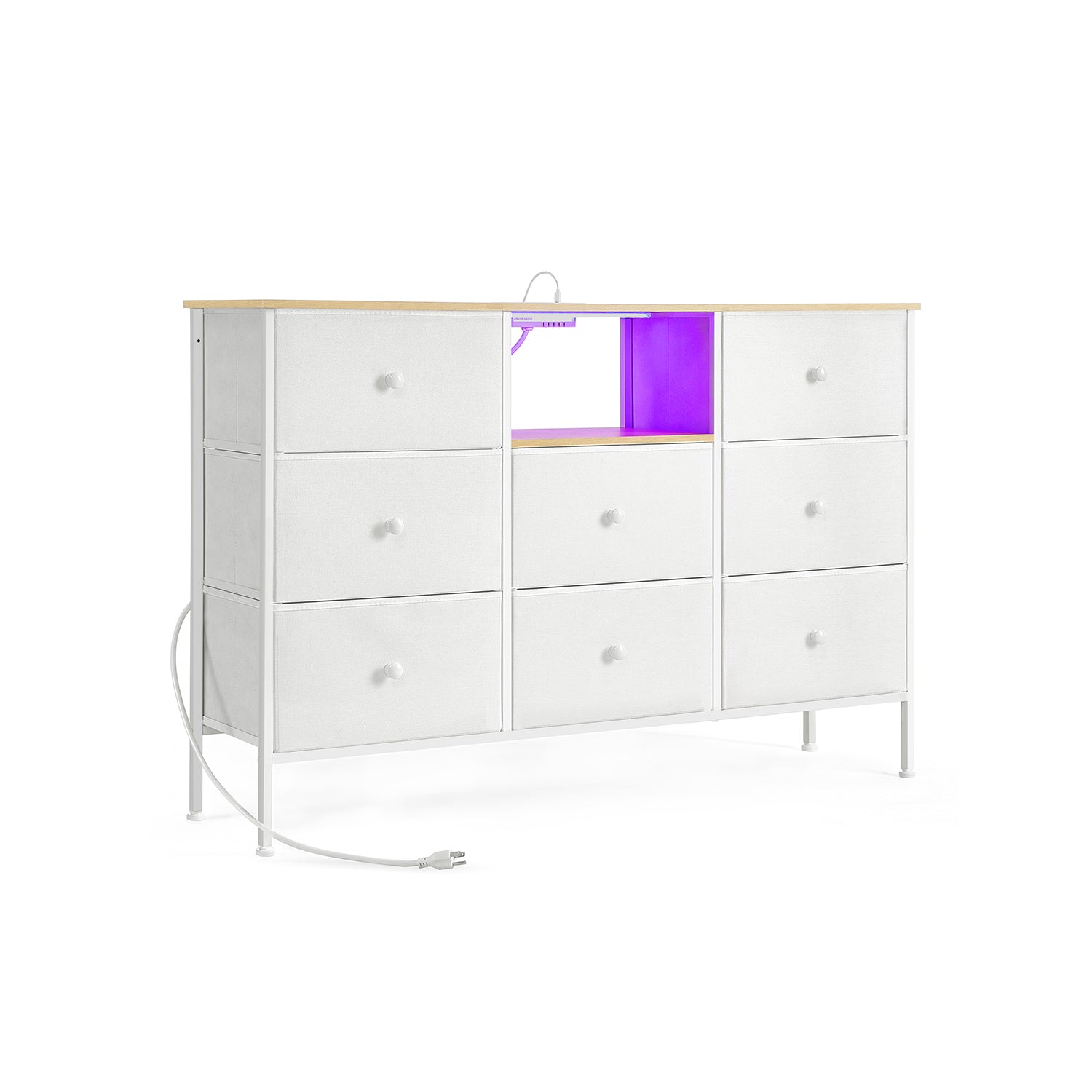 Fabric Dresser, LED Lights, Charging Station, 8 Drawers, Open Shelf
