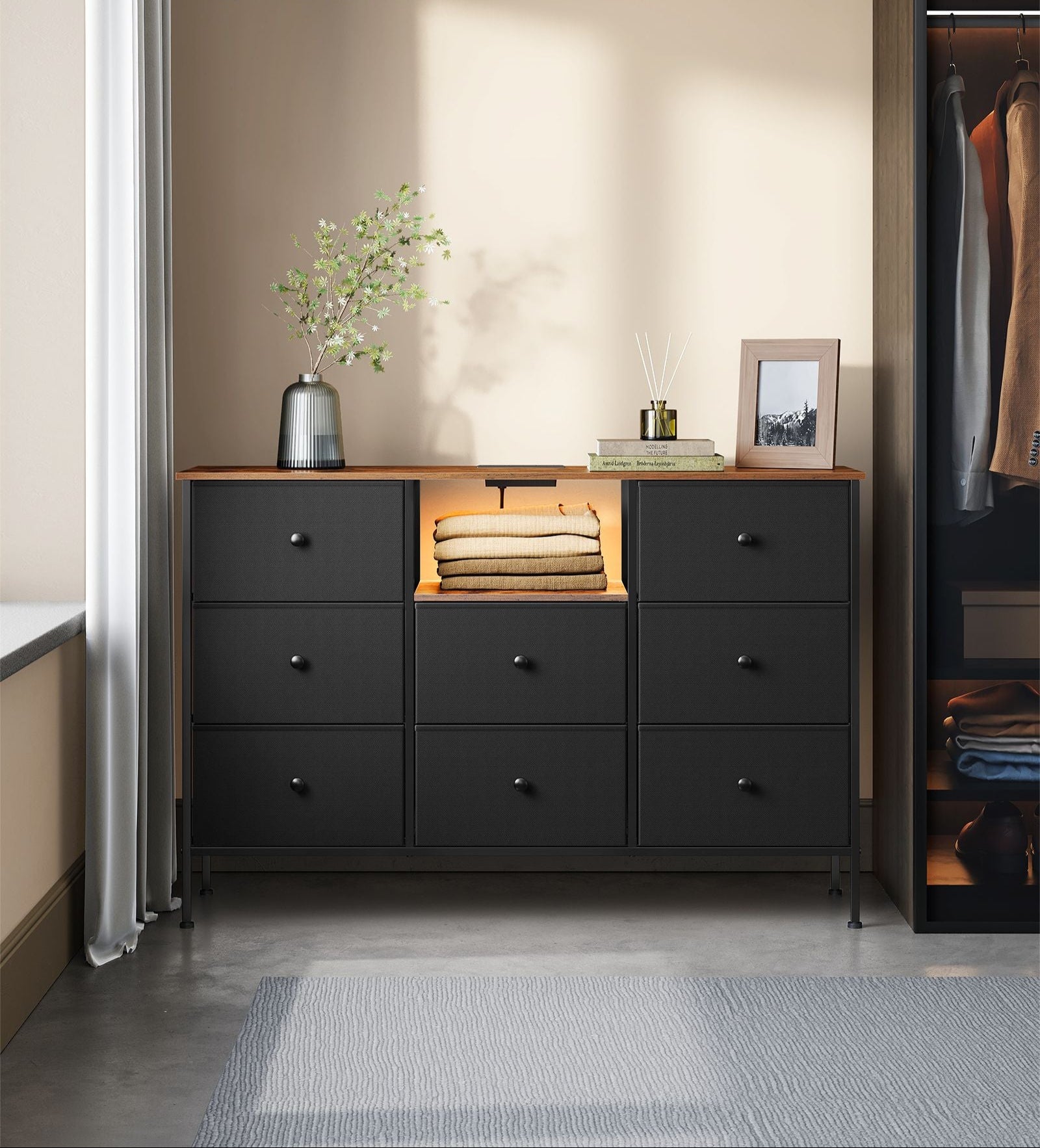 Fabric Dresser, LED Lights, Charging Station, 8 Drawers, Open Shelf