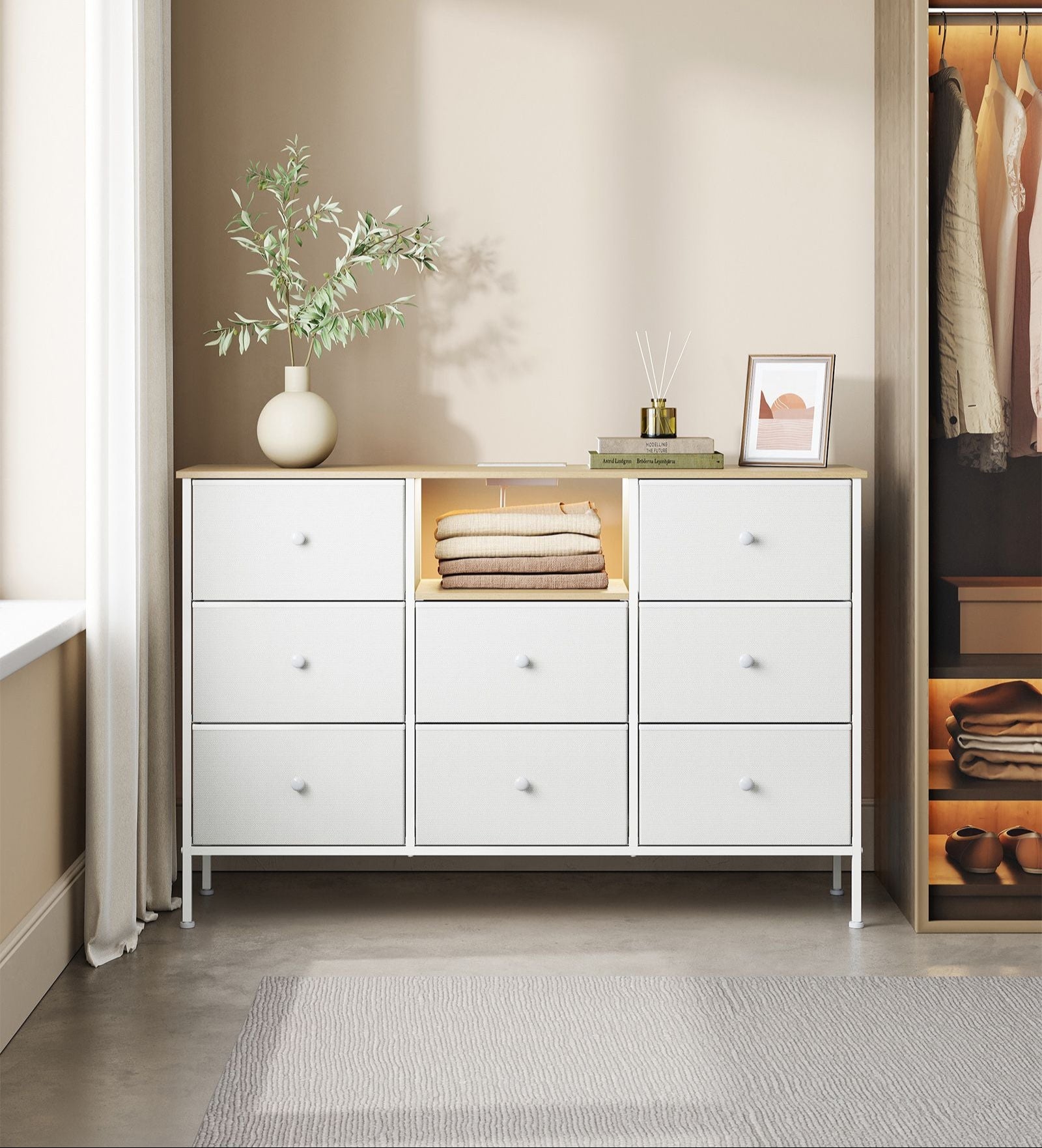 Fabric Dresser, LED Lights, Charging Station, 8 Drawers, Open Shelf