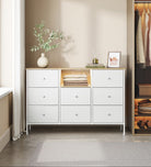 Fabric Dresser, LED Lights, Charging Station, 8 Drawers, Open Shelf