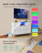 Fabric Dresser, LED Lights, Charging Station, 8 Drawers, Open Shelf