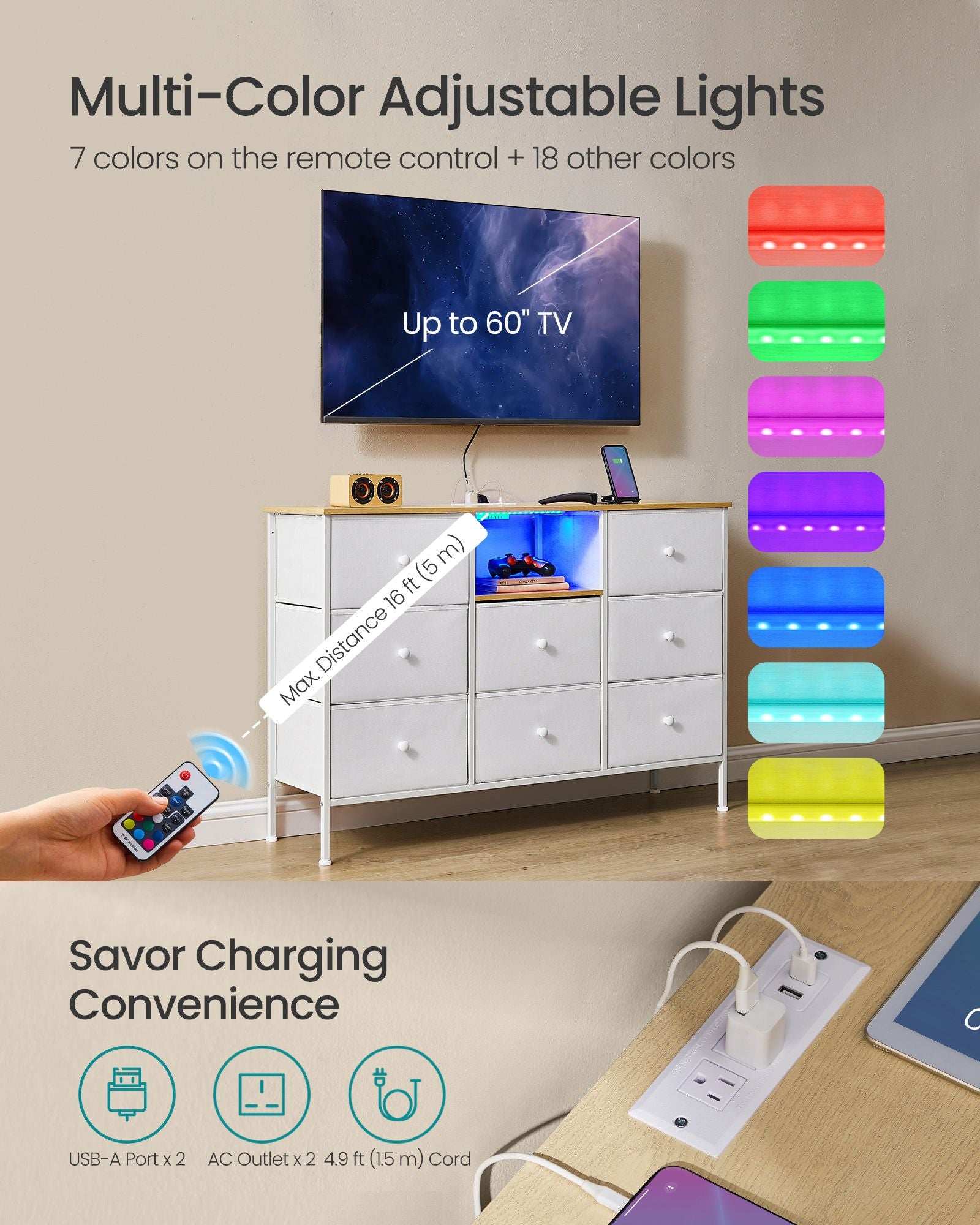 Fabric Dresser, LED Lights, Charging Station, 8 Drawers, Open Shelf