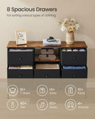 Fabric Dresser, LED Lights, Charging Station, 8 Drawers, Open Shelf