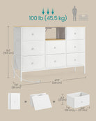 Fabric Dresser, LED Lights, Charging Station, 8 Drawers, Open Shelf