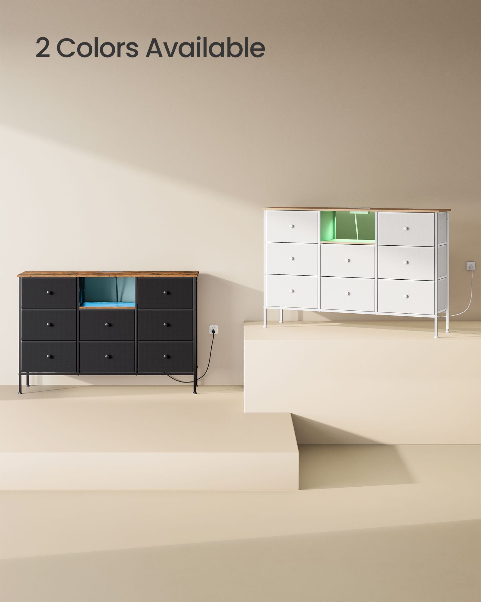 Fabric Dresser, LED Lights, Charging Station, 8 Drawers, Open Shelf