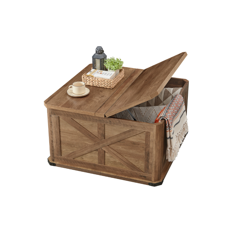 Farmhouse Coffee Table – Square Storage Trunk – Flip-Top Design – 56 Gal Capacity